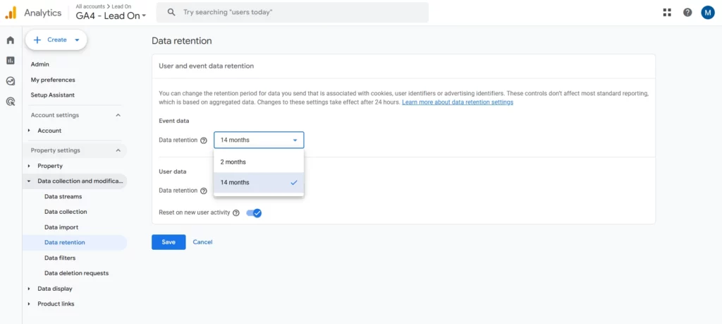 Data retention Google Analytics 4
