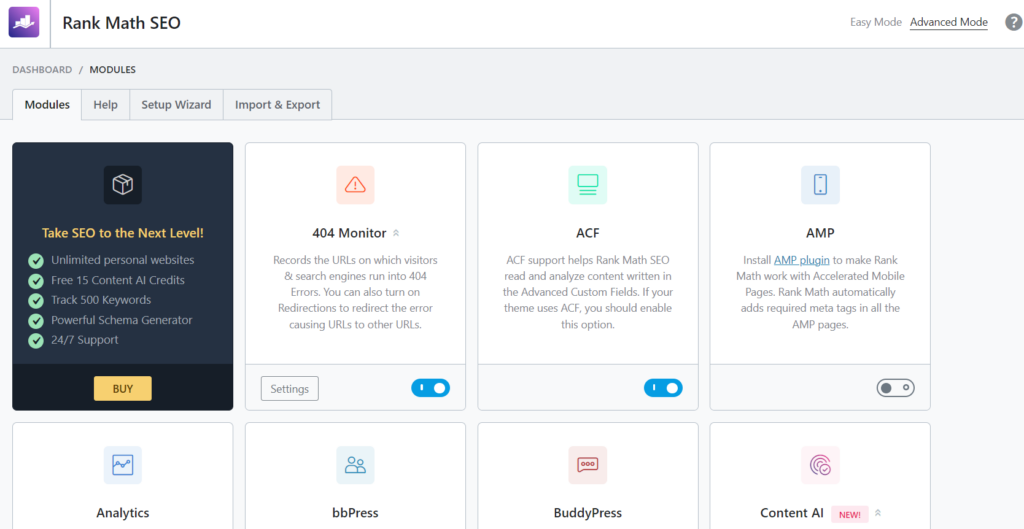 rank math dashboard